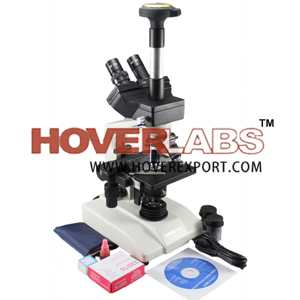 HOVERLABS ADVANCED PROFESSIONAL RESEARCH COMPOUND TRINOCULAR MICROSCOPE KIT WITH SEMI PLAN ACHROMAT OBJECTIVES, 40X-1500X MAG., LED ILLUM., REVERSE NOSEPIECE+ 1.3 MEGAPIXEL CAMERA + 50 BLANK SLIDES+ C