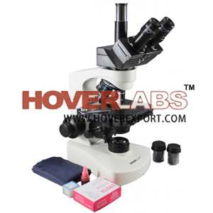 HOVERLABS ADVANCED PROFESSIONAL RESEARCH TRINOCULAR MICROSCOPE WITH SEMI PLAN ACHROMAT OBJECTIVES, 40X-1500X MAG., LED ILLUM., REVERSE NOSEPIECE+ 50 BLANK SLIDES+ COVER SLIPS