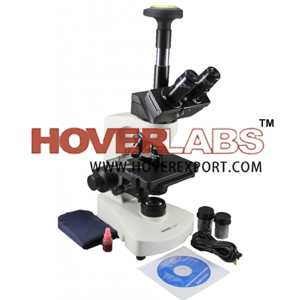 HOVERLABS ADVANCED PROFESSIONAL RESEARCH COMPOUND TRINOCULAR MICROSCOPE KIT WITH SEMI PLAN ACHROMAT OBJECTIVES, 40X-1500X MAG., LED ILLUM., REVERSE NOSEPIECE+ 1.3 MEGAPIXEL CAMERA + 50 BLANK SLIDES+ C