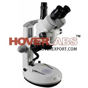 HOVERLABS TRINOCULAR STEREOZOOM MICROSCOPE WITH INCIDENT AND TRANSMITTED ILLUMINATION LIGHT,VARIABLE MAG: 7X-45X, BIOLOGICAL INDUSTRIAL INSPECTION